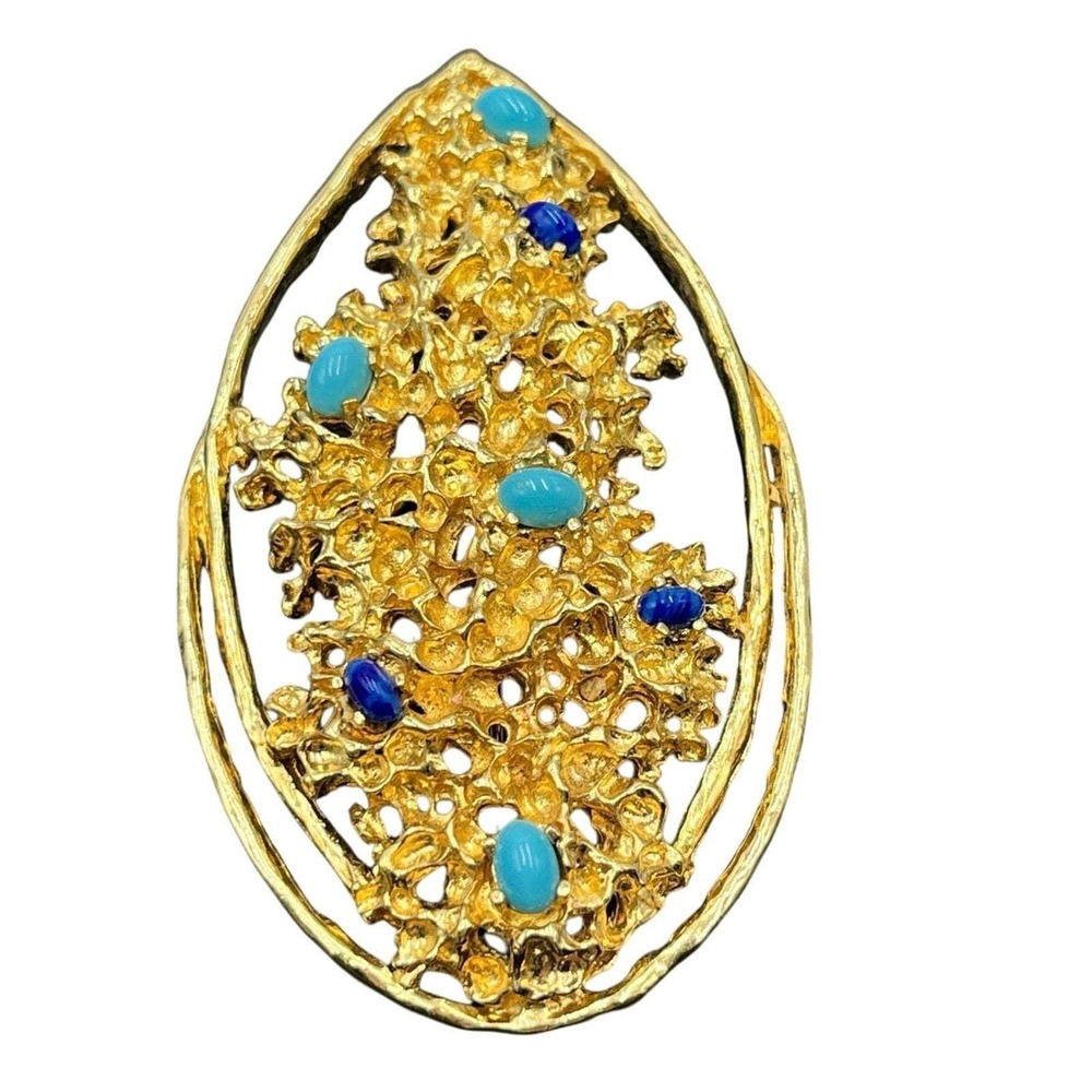 PANETTA Signed Faux Turquoise Lapis Cabochon Rhinestone Brutalist Brooch Pendant